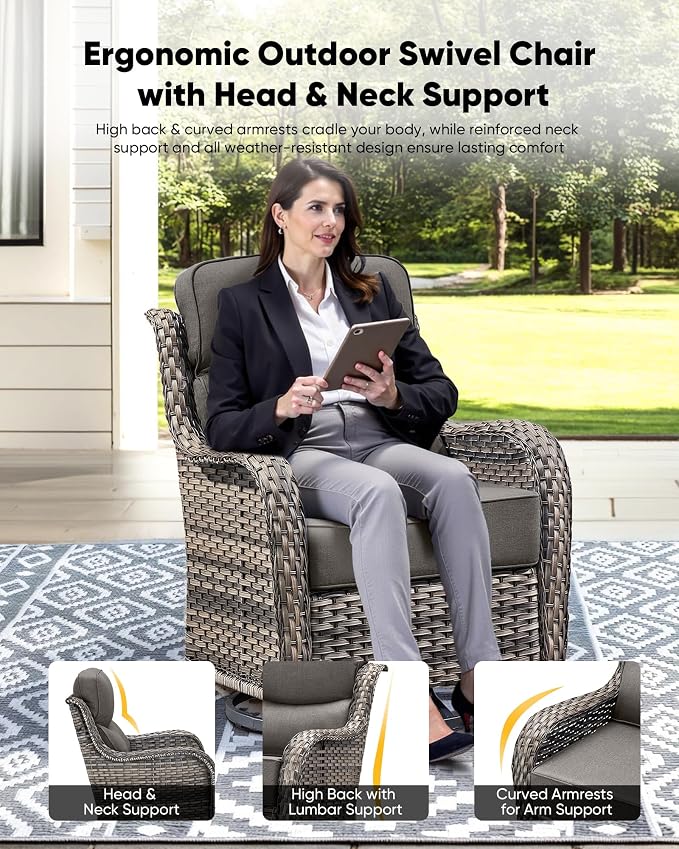 HUMMUH 8 Pieces Wicker Patio Furniture Set with Patio Swivel Chairs Set of 4,High Back Outdoor Sofa Coffee Table Ottomans,6 Inch Thick Cushions Outdoor Conversation Set for Porch, Balcony, Deck