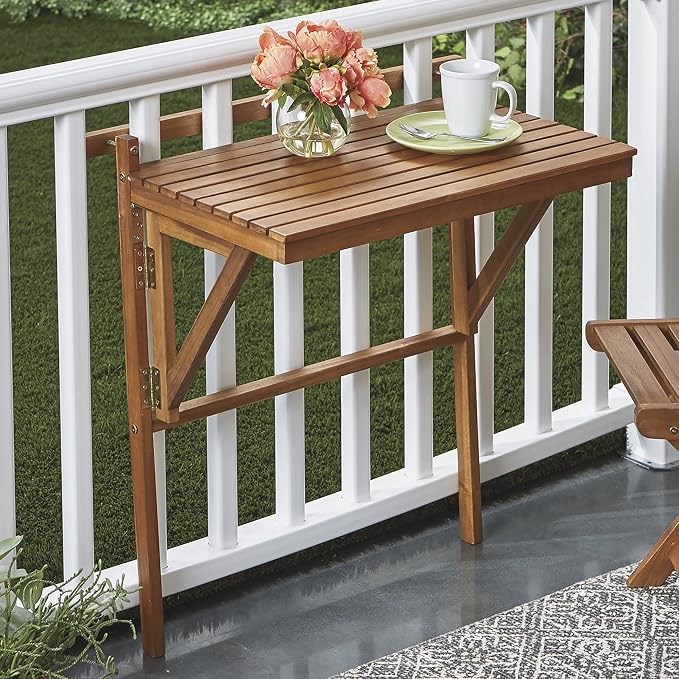 Patio Wise Outdoor Folding Balcony Table, Foldable Acacia Wood Deck Bar, Portable Apartment, Balcony, Railing, & Porch Furniture, 27-Inches W x 15 3/4-Inches D x 31.97-Inches H, Teak