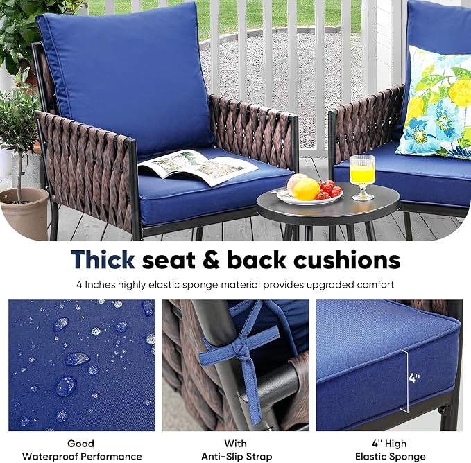 JOYURE 3-Piece Patio Furniture Set, Armchairs with Coffee Table,Modern Wicker Outdoor Conversation Set with Waterproof Thick Cushion for Deck,Backyard,Porch,Navy