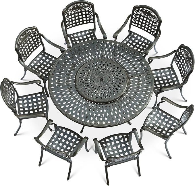 VIVIJASON 9-Piece Outdoor Furniture Dining Set, Rust-Free Cast Aluminum Patio Conversation Set, Include 8 Chairs & 61" Round Dining Table with 31" Lazy Susan, Umbrella Hole for Lawn Garden