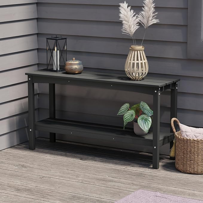 Costaelm Adirondack Outdoor Side Table, 55” HDPE Small Outside Table with Storage Shelf, Weather Resistant Plant Shelf, Outdoor Coffee Table and Buffet Table for Pool & Yard, Gray