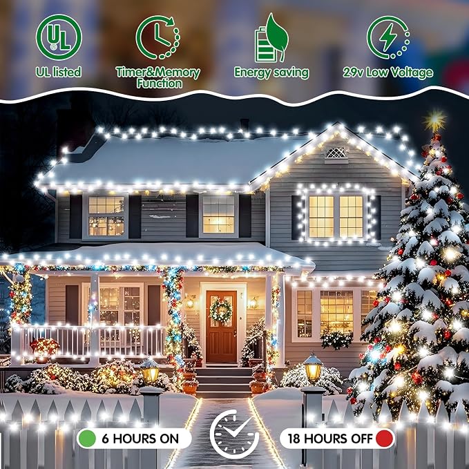 Christmas Lights Outdoor, 403FT 1000 LED String Lights 8 Modes and Timer Memory Function Twinkle Fairy Lights IP44 Waterproof Plug in for Xmas Tree Wedding Party Holiday Decor(White)
