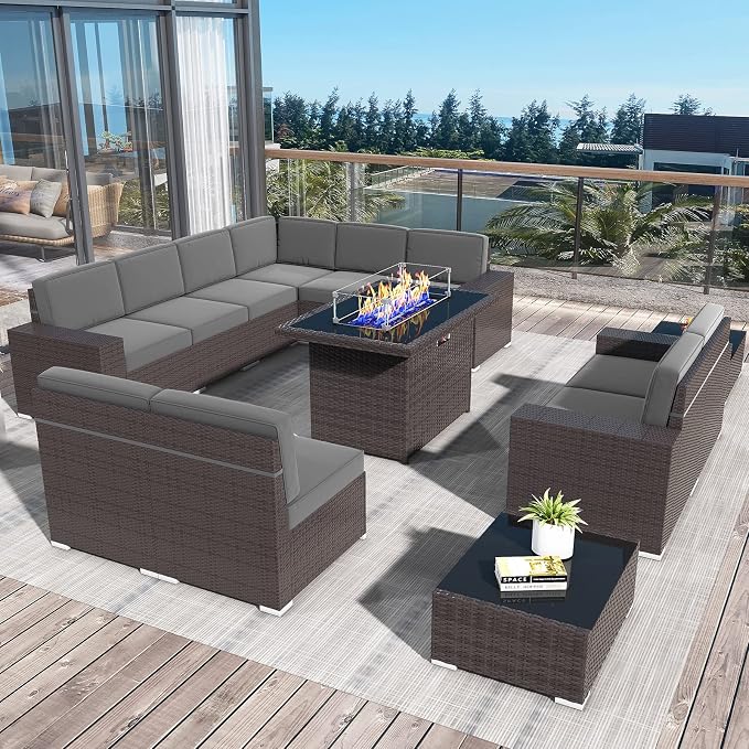 13 Pieces Patio Furniture Set with 44" Propane Gas Fire Pit Table, Outdoor Sectional Brown Rattan Wicker Conversation Sofa Sets with Coffee Table