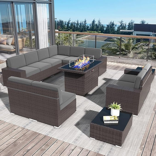 13 Pieces Patio Furniture Set with 44" Propane Gas Fire Pit Table, Outdoor Sectional Brown Rattan Wicker Conversation Sofa Sets with Coffee Table