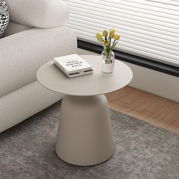 Outdoor Round Side Table, Mid Century Modern Style, Weather Resistant Rust Resistant Aluminum Base, Ideal for Garden, Pool, Patio, Balcony, Living Room, 19.5" x 18.3",Champagne