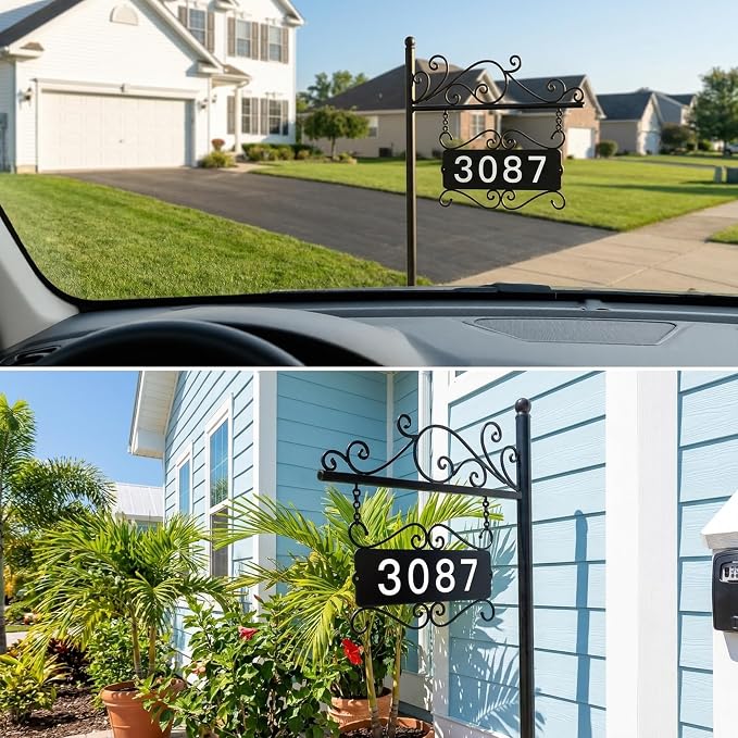 Metal Address Sign, Home Numbers Plaque, Address Post Sign Double-Sided | Suitable as a housewarming gift or decorative item, Street House Numbers for Home Street Mailbox Garden Yard (44" Pole)