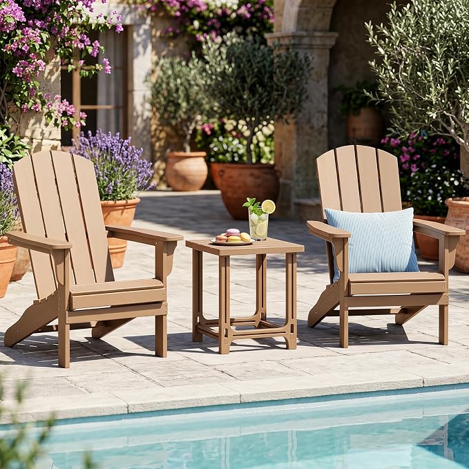 Tangkula Outdoor Adirondack Side Table, 18" Heavy Duty HDPE Patio End Table with Slatted Surface, 0-Screw Assembly, Easy Maintenance, Small Outdoor Side Table for Porch, Pool, Garden, Deck (1, Brown)