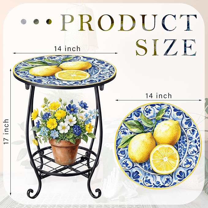 Cinnvoice Outdoor Side Table Round Small Mosaic Patio Accent Indoor End Plant Coffee Tea Table for Yard Patio Porch Garden Living Room, Bedroom(Lemon Style,14 Inch)