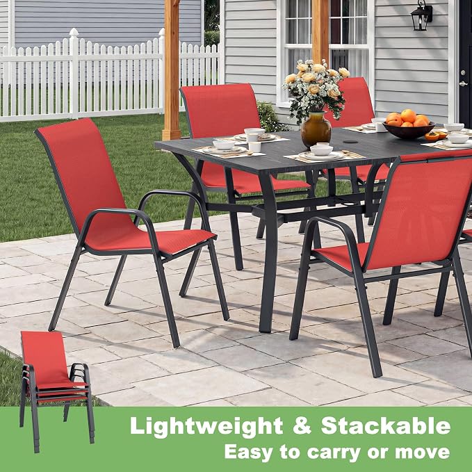 Outdoor Dining Set for 6, Patio Metal Table and Chairs Set with 1.97'' Umbrella Hole, 7pcs Patio Furniture Set 63”x37.8” Dining Table Set with Stackable Chairs for Backyard Pool Deck