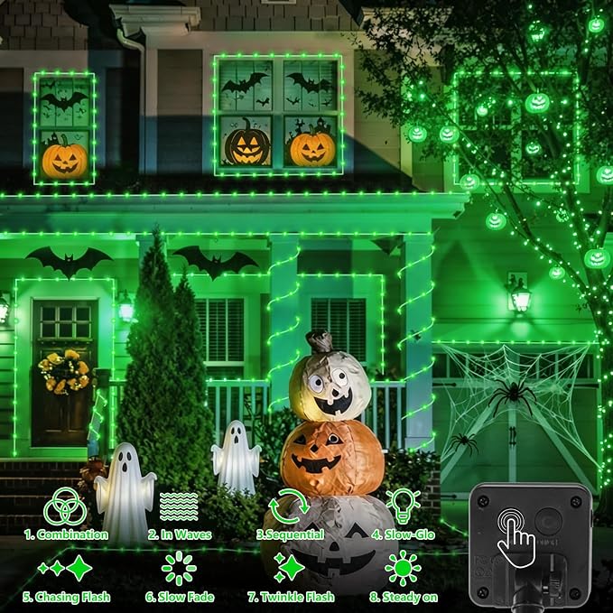 QITONG Green Solar Halloween Lights, 66ft 200 LED Solar Rope Lights Outdoor, 8 Modes Fairy Lights in Clear Thin Tube