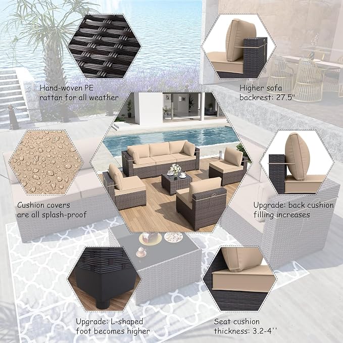 ALAULM 7 Pieces Patio Furniture Set Wicker Patio Conversation Set, Outdoor Sectional Furniture w/Coffee Table & Washable Seat Cushions-Sand