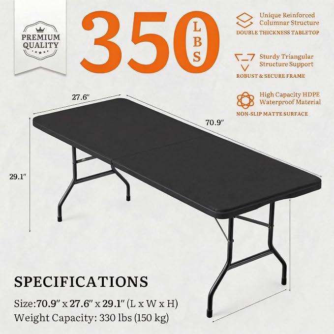DWVO 6FT Folding Table, Heavy Duty Folding Tables with Carrying Handle, HDPE Fold up Table for Outdoor Camping Picnic Parties, Indoor Events (Black)