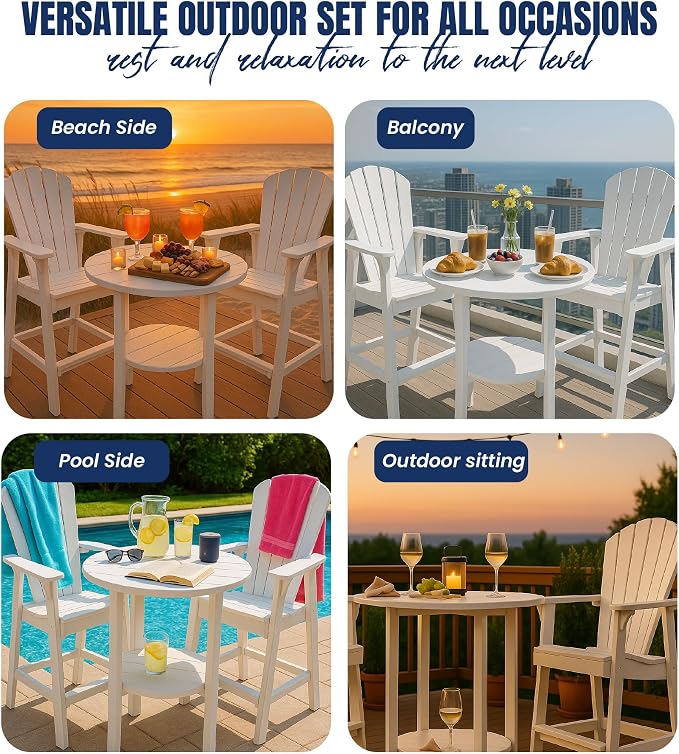 Phat Tommy Round Bar Height Patio Table - Outdoor Bar Table - Balcony Height Patio Furniture for Your Deck - Poly Outdoor Furniture, White