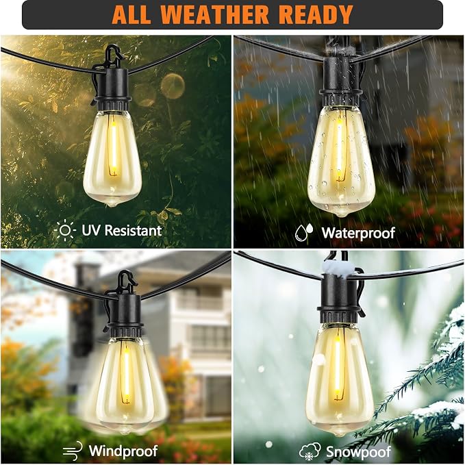 60FT Solar String Lights Outdoor Waterproof with Remote,Shatterproof ST38 20 LED Bulbs,2700K Dimmable Solar Lights Outdoor,Outside Hanging Lights for Patio,Garden,Camping,Deck,Backyard Decor
