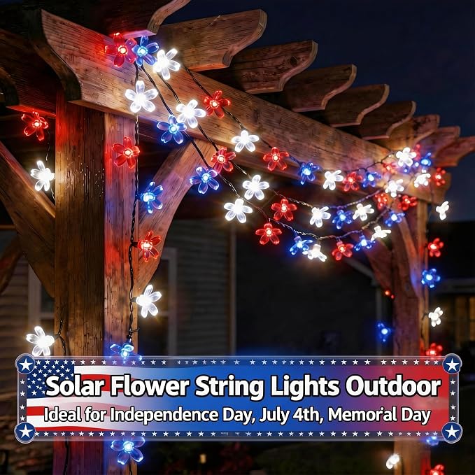 ITICdecor 50 LED Solar Flower String Lights Outdoor Waterproof 4th of July Fairy Light Decorations for Garden, Fence, Patio, Yard &Party Decoration (Red White&Blue)