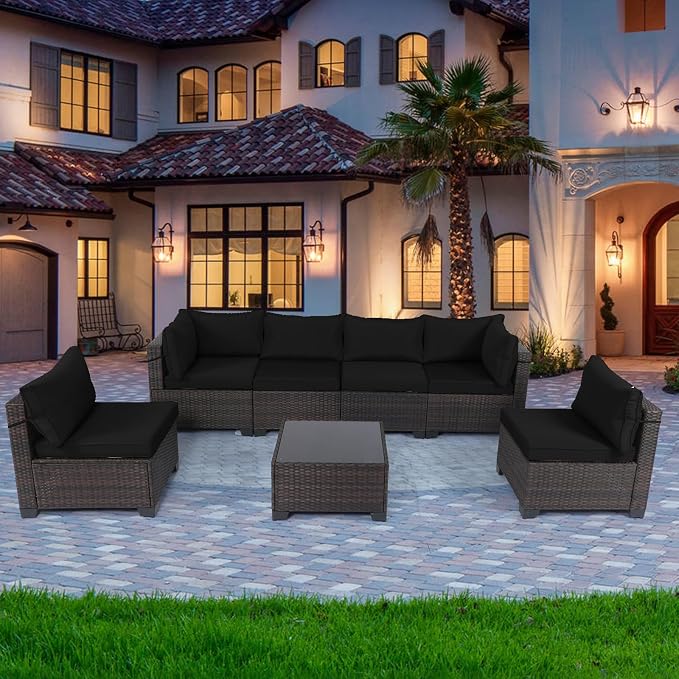 LEVELEVE 7 Pieces Outdoor Patio Furniture Sets,Rattan Conversation Sectional Set,Manual Weaving Wicker Patio Sofa with Tea Table