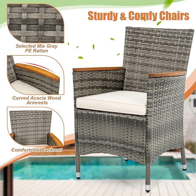 7 Pieces Patio Dining Set Outdoor Dining Set, Wicker Patio Furniture Set with Acacia Wood Table and Chairs, Garden Dining Table Set for Backyard, Desk, Poolside, (Grey)