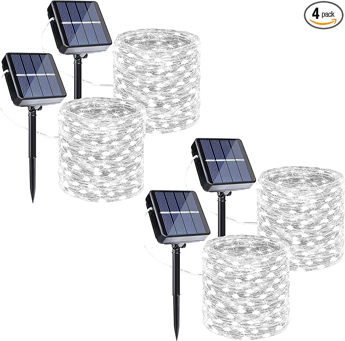Joomer Solar Fairy Lights, 4Pack Total 104FT 320LED String Lights, White | Silver Wire, Solar String Light Waterproof 8 Lighting Modes for Patio Fence Party Garden Yard Home Outdoor Decoration