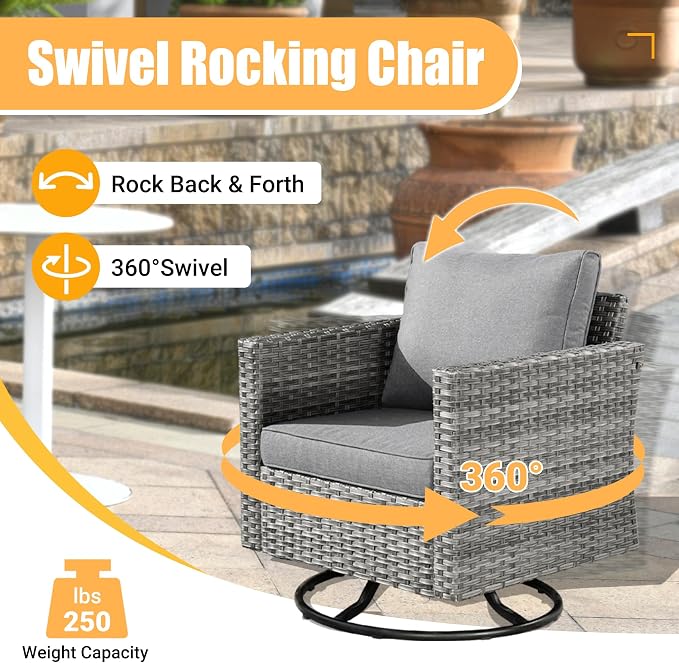 Weaxty 8 Piece Outdoor Sectional with Fire Pit Table, All Weather Wicker Patio Furniture Set with Swivel Rocker Chair Coffee Table, Thick Cushion Couch Conversation Sets for Garden Deck Backyard Gray