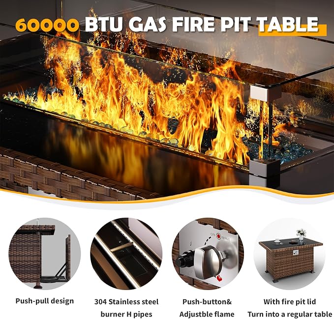Amopatio Aluminum Patio Furniture Set with Fire Pit, 8 Pcs Metal Patio Sofa Sets with Glass Top Fire Pit Table, Modern Outdoor Furniture with 6" Cushion, Dark Grey (Included Waterproof Covers)