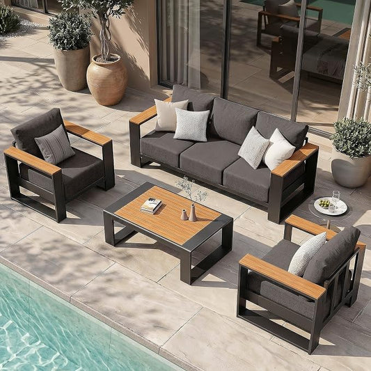 Oversized Aluminum Patio Furniture Set, 4 Pieces Luxury Outdoor Furniture Set with 7.1" Extra Thick Cushion, Modern Outdoor Sectional with Coffee Table for Porch, Garden and Deck, Graphite