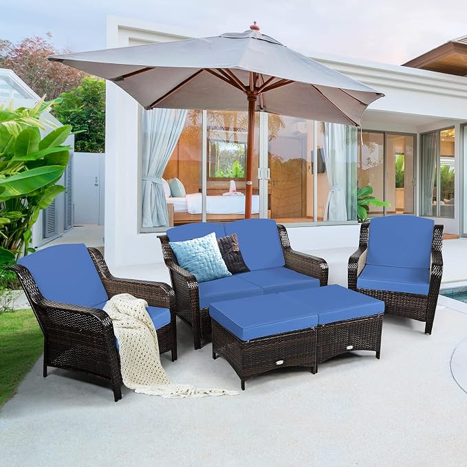 COSTWAY 5PCS Patio Wicker Rattan Furniture Set, Loveseat Sofa with Ottomans and Cushioned Chairs, Conversation Sets for Outdoor Garden Backyard