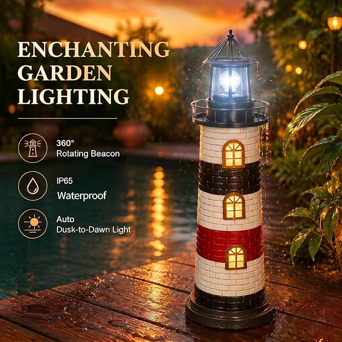 Garden Statues 23" Coastal Solar Lighthouse Garden Decor Waterproof Solar Lights Outdoor Decorative Beach Pool Patio Lawn Yard Decorations, Unique Housewarming Gift Garden Gifts for Family Friends