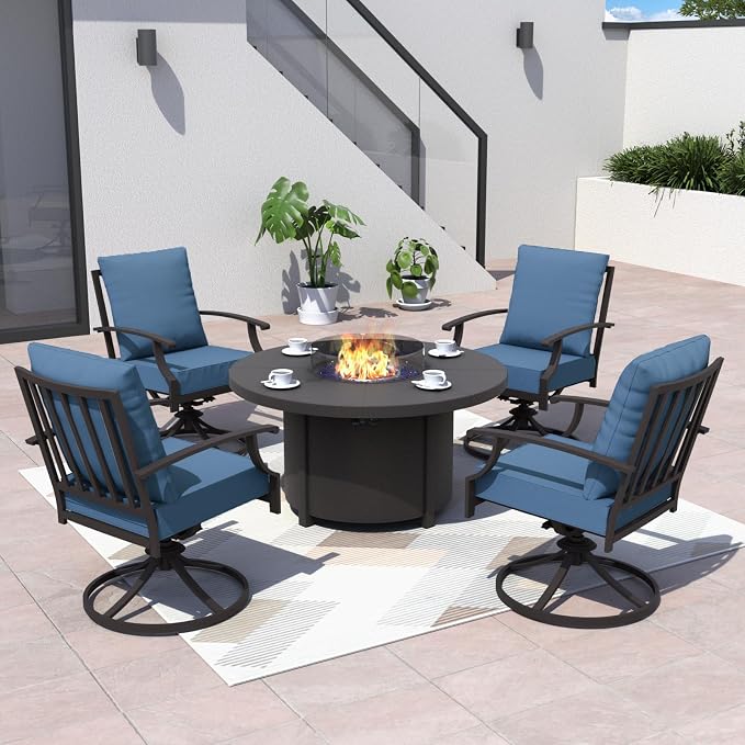 Kurapika 5 Piece Metal Moden Outdoor Patio Furniture Set with Round Fire Pit Table, Patio Conversation Sets 4 Swivel Chairs with Thick Cushion and 40000 BTU Fire Pit Table, for Yard Deck, Navy Blue