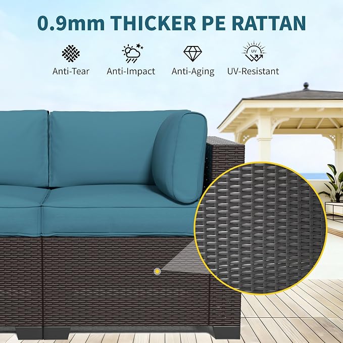 SHGJ&SOFT 7 Piece Outdoor Patio Furniture Set, All-Weather Rattan Wicker Modular Sectional Sofa Set with Water-Resistant Cushions&Tempered Glass Table for Backyard Poolside(Peacock Blue,7pcs)