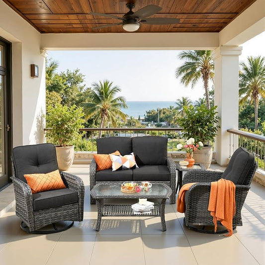 CAODOC 5 Pieces Patio Furniture Set,Outdoor Furniture with Rockers, Rattan Conversation Sets w/Coffee Table, Grey Wicker Black Cushion