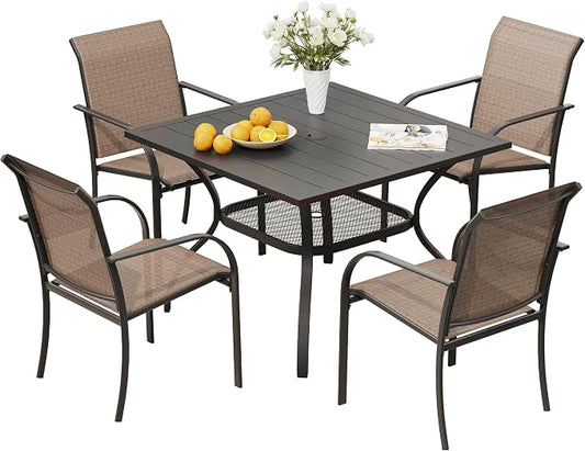 VICLLAX Outdoor Dining Set for 4, Patio Furniture Set of 4 Patio Stackable Dining Chairs and Outdoor Metal Square Table with Umbrella Hole for Backyard Lawn Garden, Brown Chairs and Black Table