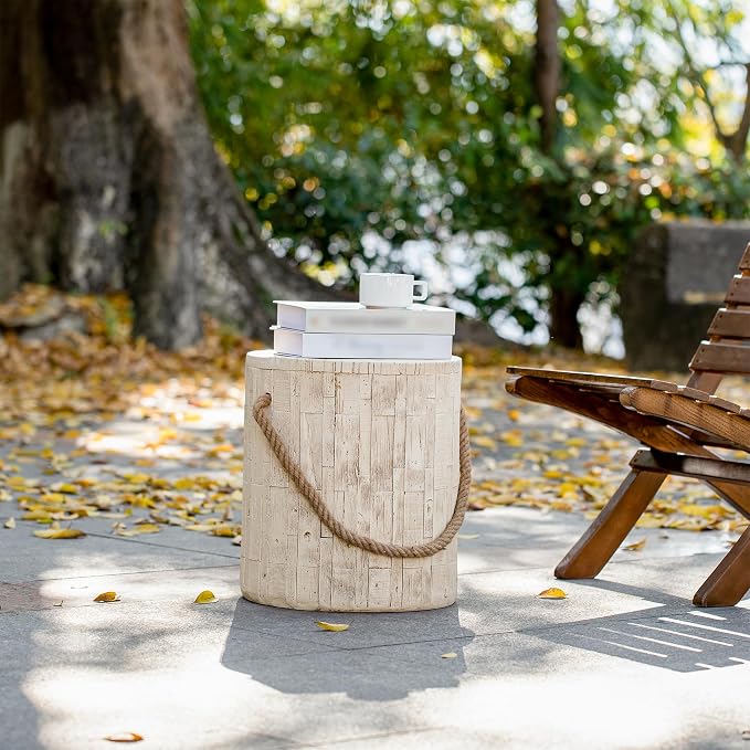 Polibi Outdoor Indoor Side Table Wood Grain Look, Rustic MGO End Table with Decorative Braided Cord, Small Farmhouse Accent Table for Couch, Patio, Balcony, Ready to Use