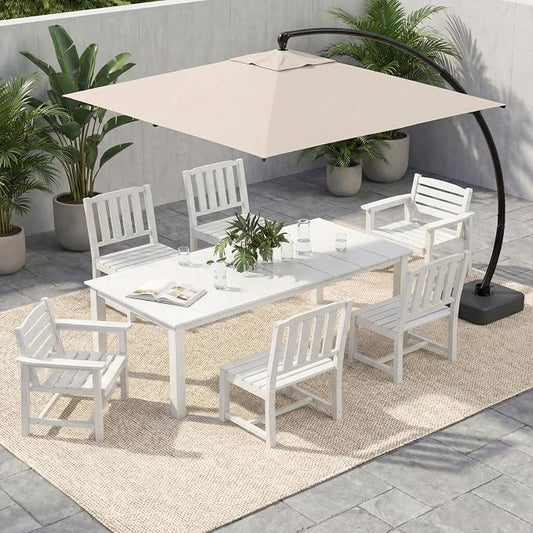 7-Pc Outdoor Dining Set, 10x10FT Cantilever Umbrella for 6,White | HDPE table, chairs included, aluminum frame, weather-resistant furniture, perfect for yard, lawn, garden, deck