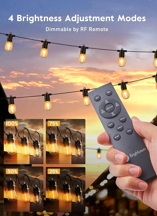 Minetom 34FT Solar String Lights Outdoor with Remote, Patio Lights | with 10 LED Shatterproof Bulbs and Hooks, E26 Socket and Type-C Port,Waterproof Hanging Lights for Outside Cafe Garden Bistro