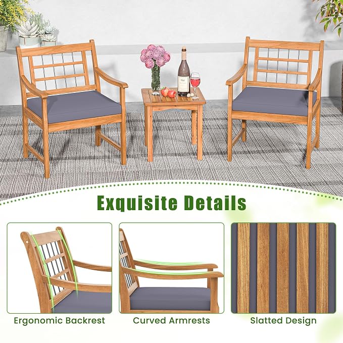 HAPPYGRILL 3 Piece Acacia Wood Patio Conversation Set, Outdoor Bistro Set with Cushions, Solid Wood Frame, 2 Armchairs & Coffee Table Set for Backyard, Porch, Poolside (Gray)