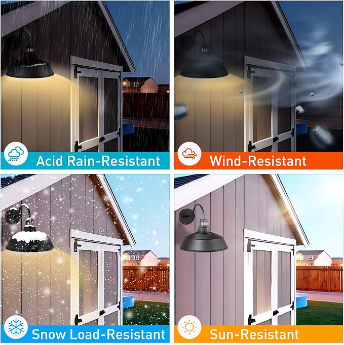 14.5" Dome Gooseneck Barn Light, Outdoor Anti-Rust&Waterproof Farmhouse Wall Sconce, Outdoor Wall Lanterns for Porch/Patio, E26 Base 100W Max(Black 2-Pack Motion Sensor Outdoor Lights)
