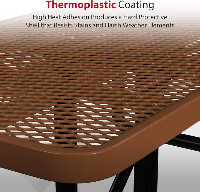 Leisure Craft Metal Picnic Table with Bench - 8 ft Rectangle Outdoor Dining Table with Umbrella Hole, Heavy Duty Thermoplastic Coating, ADA Compliant, Commercial Grade Furniture Made in USA - Brown