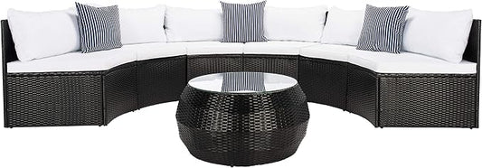 SAFAVIEH Outdoor - Jesvita 4-Piece Conversation Set - Black & White - Faux Wicker & Steel Frame - Demilune Sectional with Accent Table - Ideal for Patio, Deck, Porch, Backyard (PAT7701A)