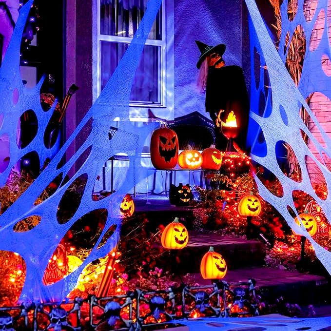 Glow in The Dark White 1000 Sqft Uncut Giant Spider Web Halloween Decorations Outdoor with 1 Black Light &10 Ground Nails Stretchy Beef Cloth Netting DIY Flexible Elastic for Yard Party Decor