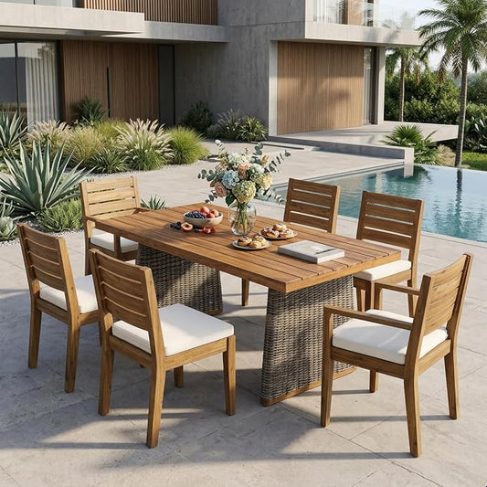 Christopher Knight Home Smeb Acacia Wood Outdoor Dining Table Set for 6, Outdoor Dining Set, Patio Table and Dining Chairs Set of 6 with Cushions, 7 Pieces Patio Furniture Set, Grey + Brown + Cream