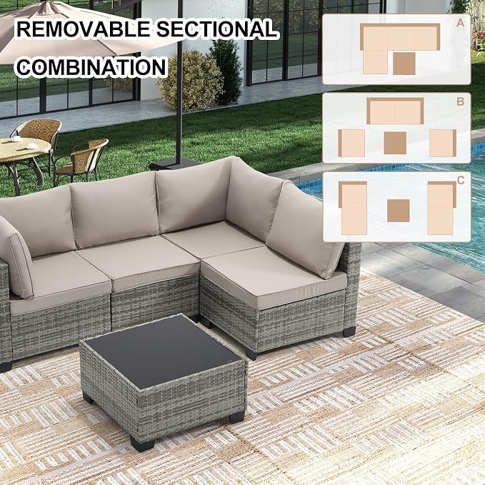CANMOV 5 Pieces Patio Furniture Sets, All Weather Outdoor Patio Conversation Set, PE Wicker Rattan Sectional Sofa Couch Glass Coffee Table Washable Cushions for Backyard Garden, Poolside, Khaki