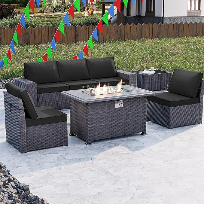 Kullavik 7 Pieces Outdoor Patio Furniture Set with 43" 55000BTU Gas Propane Fire Pit Table PE Wicker Rattan Sectional Sofa Patio Conversation Sets, Black