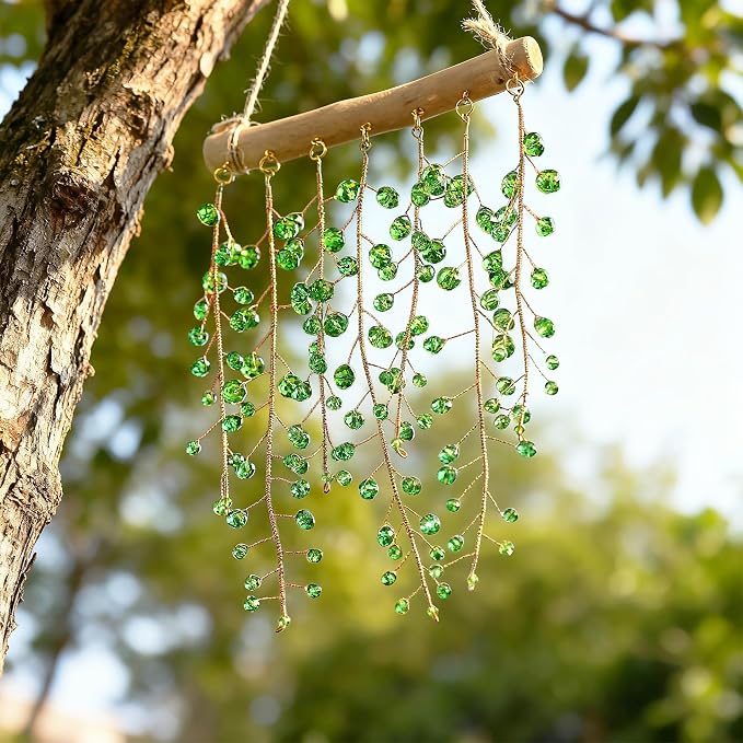 H&D HYALINE & DORA 17.2 Inch Crystal Wind Chimes Suncatchers for Window Hanging Sun Catcher Making Rainbow Green Plants Artificial Crystal Prisms Wind Chime for Garden Home Wedding Decor