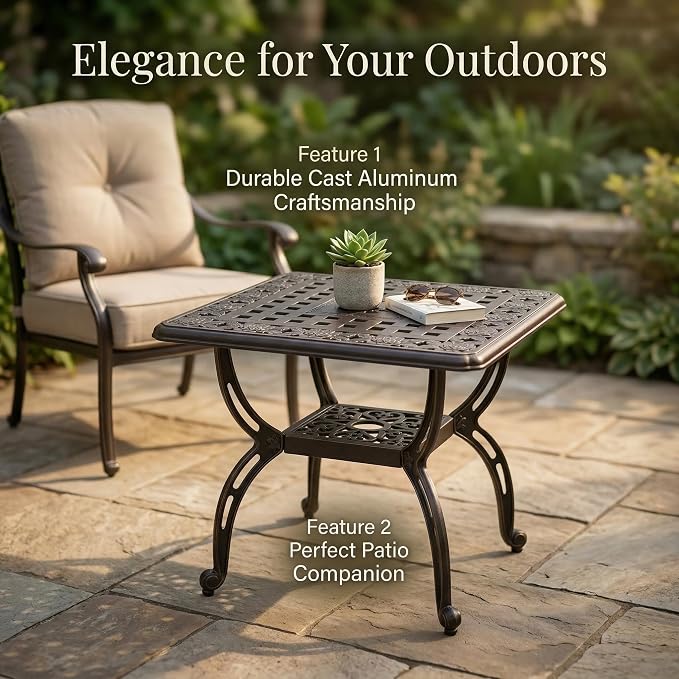 Square Outdoor Coffee Table Set of 2, Cast Aluminum Side Table with Storage,Indoor End Table, All-Weather Bistro Table for Patio Garden Lawn, Black