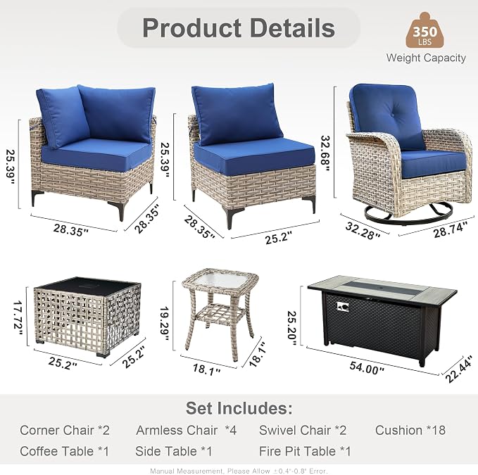 Outdoor Sectional Patio Furniture Set with Fire Pit Table,11 Pieces Rattan Wicker Conversation Sets L Shaped Couch,Out Door Furniture with Swivel Chairs Glowing Coffee Table,Navy Blue