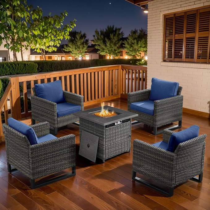 Belord 5 Pieces Wicker Patio Furniture Set: 4 Outdoor Club Chairs Patio Conversation Set with 50000BTU Propane Fire Pit Table, All Weather Brown Rattan Anti-Rust Frame, Blue Cushion