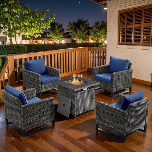 Belord 5 Pieces Wicker Patio Furniture Set: 4 Outdoor Club Chairs Patio Conversation Set with 50000BTU Propane Fire Pit Table, All Weather Brown Rattan Anti-Rust Frame, Blue Cushion