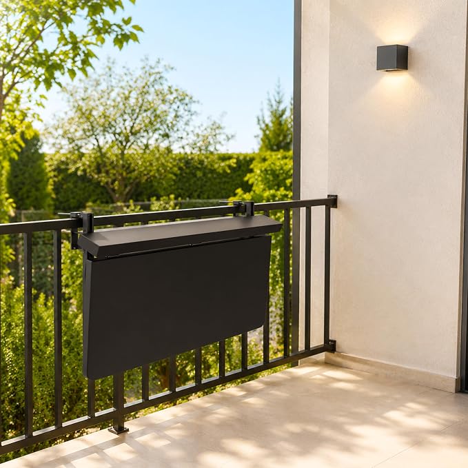 Balcony Bar Table Hanging for Railings, Outdoor Adjustable Height Folding Deck Rail Table for Patio, Garden, Renter-Friendly Space Saving, Aluminum Weatherproof Fits Round/Square Rails, Black