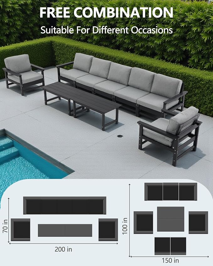 HDPE Outdoor Patio Furniture Set, 9-Piece Sofa Set with 5-Seat Couch, 2 Armchairs & 2 Coffee Tables, Weatherproof Conversation Set with Cushions, All-Weather Waterproof, for Garden, Porch & Backyard