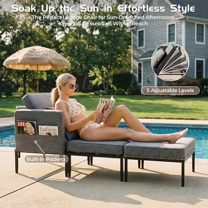 5 in 1 Modular Patio Furniture Set, 3 Piece Aluminum Convertible Outdoor Sectional to Loveseat, Tanning Chair, All-Weather Seating for Balcony, Apartment, Gray